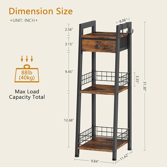 3-Tier Narrow Bathroom Ladder Shelf with Drawer, Bathroom Floor Storage Shelf, Freestanding Tower Shelf Ladder Bookshelf Brown