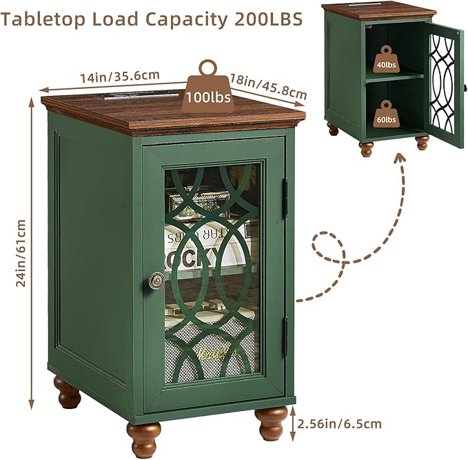 Narrow Side Table with Charging Station Set of 2, Night Stand with Glass Door,Bedside End Tables with Adjustable Shelf Storage Cabinet,Wood Nightstand for Small Spaces Living Room Bedroom