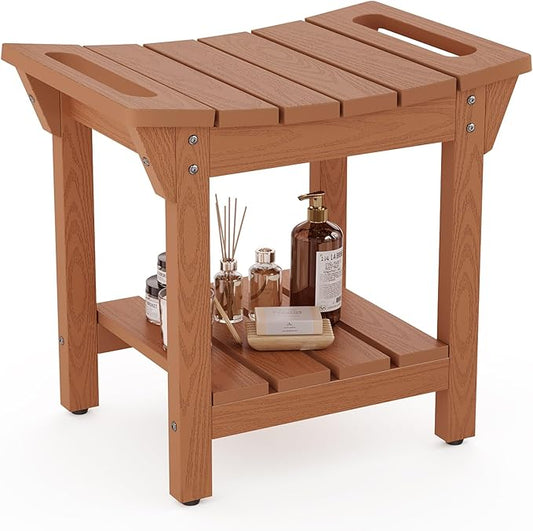 Waterproof Shower Bench, Poly Lumber Shower Stool for Shaving Legs, Shower Chair Seat with Storage Shelf and Handles, Bathroom Bench for Inside Shower, Non-Slip (Brown)
