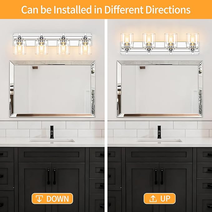 4 Light Modern Bathroom Light Fixtures Over Mirror, Chrome Vanity Lights for Bathroom Wall Sconces with Clear Glass Shades, E26 Socket (Bulbs Not Included)