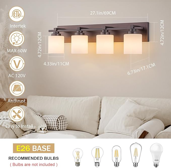 4 Light Modern Bathroom Light Fixtures Over Mirror, Bronze Finish Vanity Lights for Bathroom Wall Sconces with Milky White Glass Shades, E26 Socket (Bulbs Not Included)