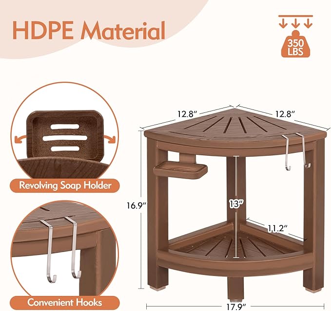 2-Tier Corner Shower Bench with Hooks & Soap Dish, HDPE Waterproof Stool for Shaving Legs, Non-Slip Shower Foot Rest - Brown