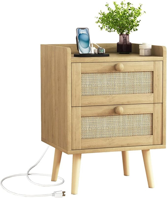 Rattan Nightstand with Charging Station, Mid Century Modern Bedside Side Table with 2 Drawers, Boho End Table with Wood Legs for Bedroom Natural Night Stand for Living Room