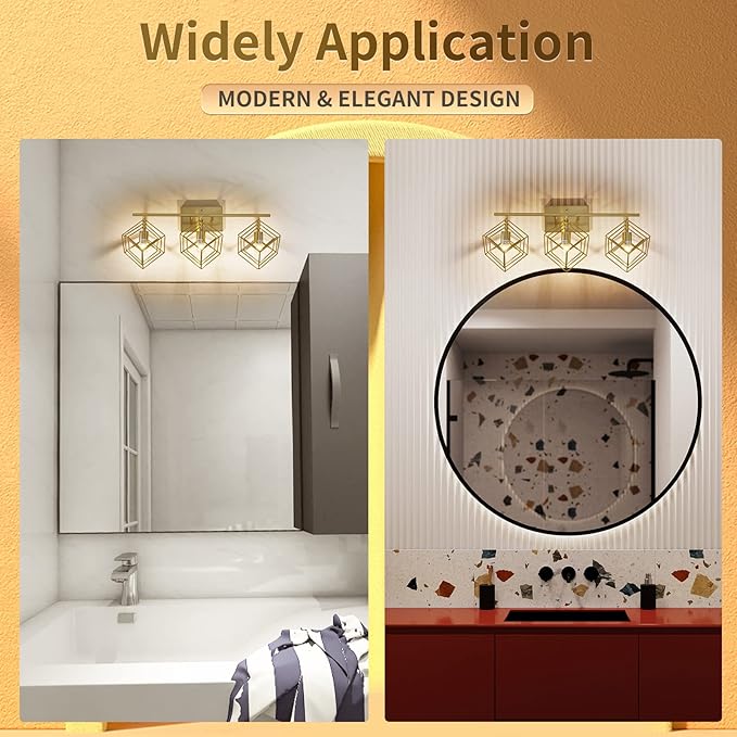 Bathroom Vanity Light with 3 Bulbs Bathroom Light Fixtures Over Mirror with 3 Rotatable Cube Shades Modern Wall Mounted Brushed Brass Gold