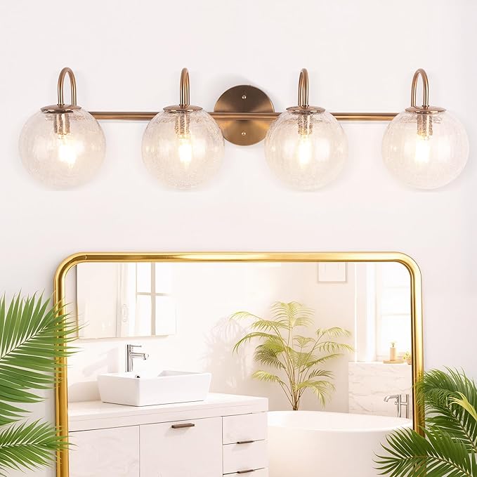 4-Light Bathroom Light Fixtures, Brushed Gold Vanity Lights for Bathroom with Cracked Glass Globe Shade, Vintage Bathroom Vanity Lighting Fixtures Over Mirror for Bedroom Living Room Hallway
