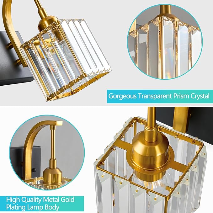 Wall Sconces, Set of 2 Black Gold Crystal Vanity Lights, Modern Wall Lamp for Bathroom, Hallway, and Makeup, Easy Installation