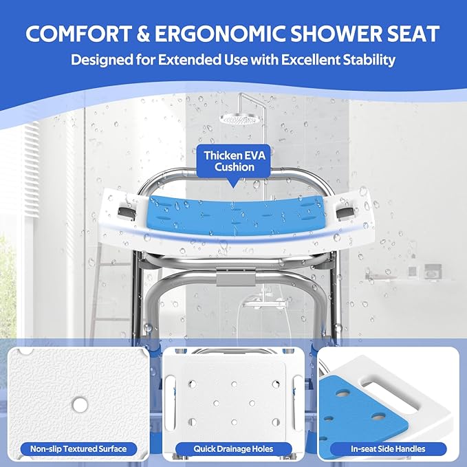 Folding Shower Seat - Stainless Steel Shower Chair for Inside Shower - 420lbs Height Adjustable Foldable Shower Stool - Portable Travel Collapsible Bath Bench for Elderly, Handicap & Disabled (White)