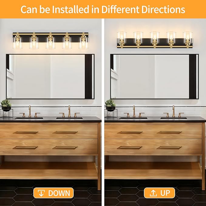 5 Light Modern Bathroom Light Fixtures Over Mirror, Black Gold Vanity Lights for Bathroom Wall Sconces with Clear Glass Shades, E26 Socket (Bulbs Not Included)