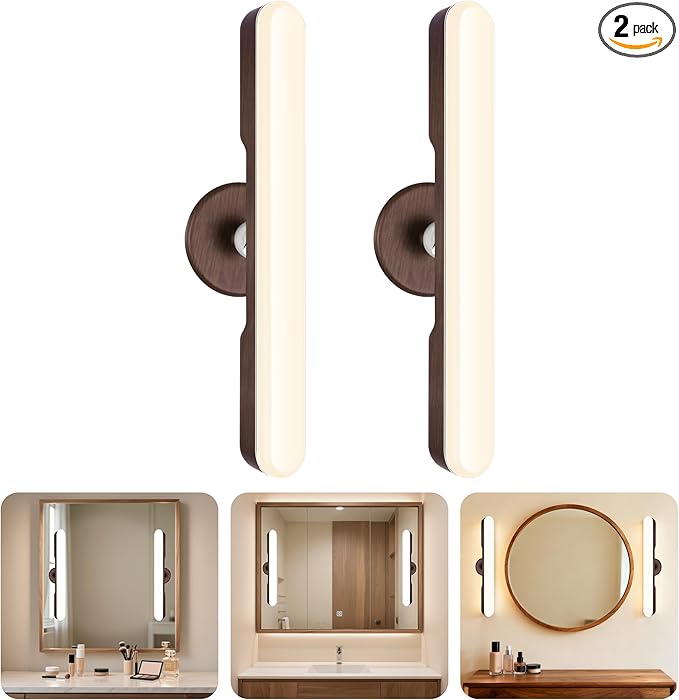 Set of 2 Wireless Vanity Makeup Lights for Mirror, Rechargeable LED Stick On Light Bar for Bathroom Mirror with Dimmable 3 CCT, Long Battery Life Cordless Light for Vanity Desk(Dark Brown)