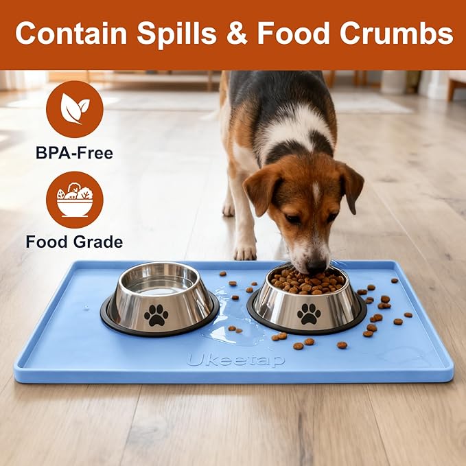 19” x 12” Heavy Duty Waterproof Silicone Mat with Raised Edge, BPA Free Non-Slip Dog & Cat Food Mat, Feeding Mat for Food and Water Bowls, Spill Proof Mat to Protect Floors, Blue