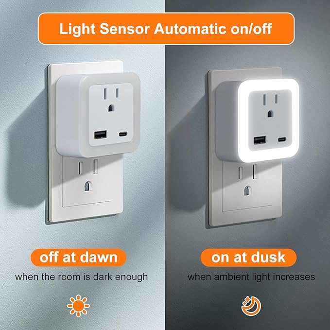 JackonLux Night Lights Plug Into Wall 2 Pack Rechargeable Battery Backup Light Dusk to Dawn Sensor Night Light with Outlet Expander for Adults Kids Bedroom, Kitchen, and Bathroom (Daylight - 5000K)