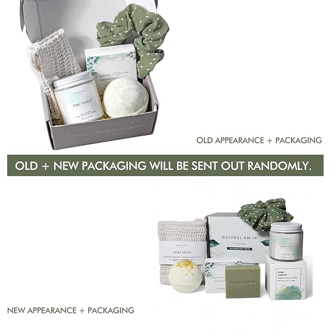 Natural Amor Green Spa Gift Set for Women, Peppermint Forest Bath Gift for her,5pc Bath & Body Gift Including Soap Bar, Candle, Bath Bomb