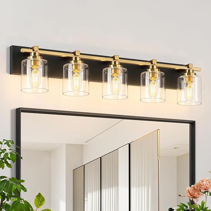 5 Light Modern Bathroom Light Fixtures Over Mirror, Black Gold Vanity Lights for Bathroom Wall Sconces with Clear Glass Shades, E26 Socket (Bulbs Not Included)