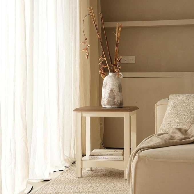 Farmhouse End Table,Rustic Wood Side Table,Square Nightstand with 2-Tier Storage Shelf,Bedside Table for Living Room Bedroom Office,Small End Table,18.9" Wx15.7 Dx22.4 H,White