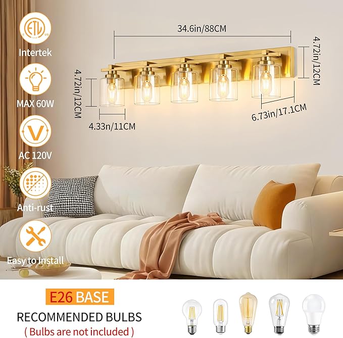 5 Light Modern Bathroom Light Fixtures Over Mirror, Brass Finish Vanity Lights for Bathroom Wall Sconces with Clear Glass Shades, E26 Socket (Bulbs Not Included)