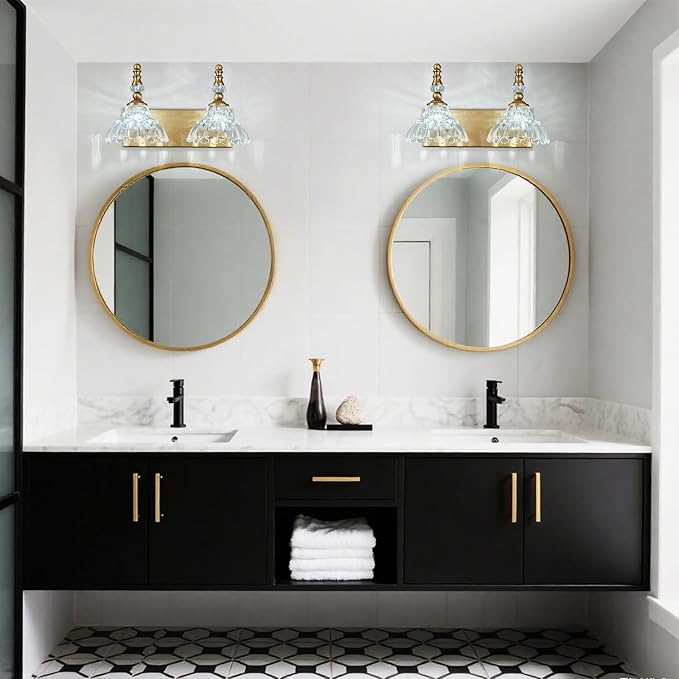 Vintage Bathroom Vanity Light, 2-Light Brass Vanity Lighting Fixture with Flower Glass Shade, Bathroom Lighting Fixtures Over Mirror