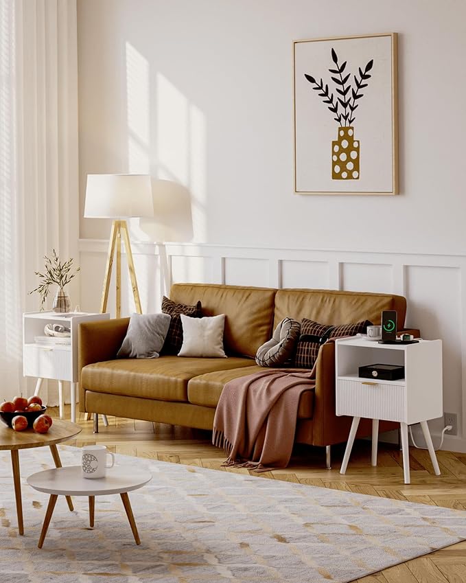 White Nightstand with Outlet,Modern Bedside Table with Storage Drawer and Open Wood Shelf, for Living Room, Bedroom and Small Spaces, Accent Night Stand with Solid Wood Legs, Easy Assembly