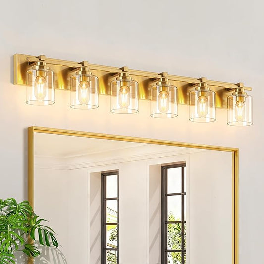 6 Light Modern Bathroom Light Fixtures Over Mirror, Brass Finish Vanity Lights for Bathroom Wall Sconces with Clear Glass Shades, E26 Socket (Bulbs Not Included)