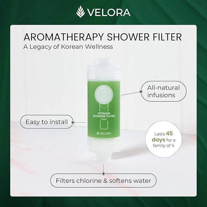 VELORA Vitamin C Shower Filter - Forest-Scented Aromatherapy Shower Water Filter and Softener - Universal Showerhead Bathroom Attachment - Replenish Dry Skin, Soften and Nourish Hair