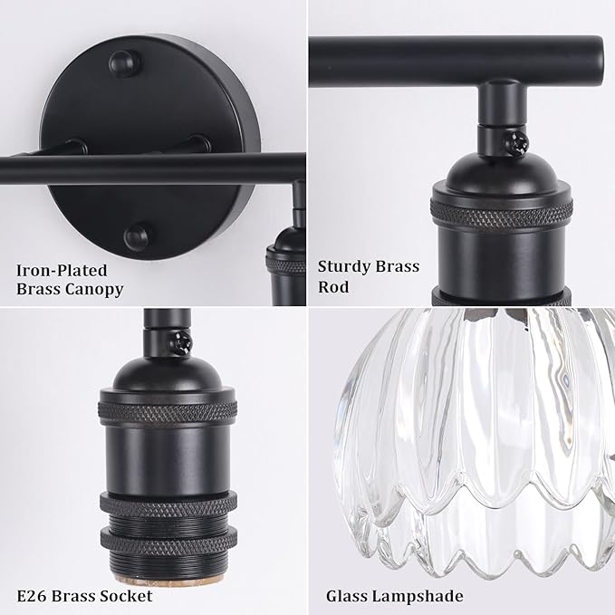 Bathroom Light Fixtures, 2-Light Black Vanity Wall Light Over Mirror with Clear Tulip Glass Shade for Bedroom Living Room (Bulb Not Included)
