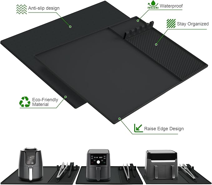 24x16 Inch Silicone Mat for Kitchen Counter, Kitchen Essentials and Gadgets - Silicone Air Fryer and Coffee Mat Set - Heat Resistant Mat for AirFryer, Microwave, Oven, Coffee Machine (Black)