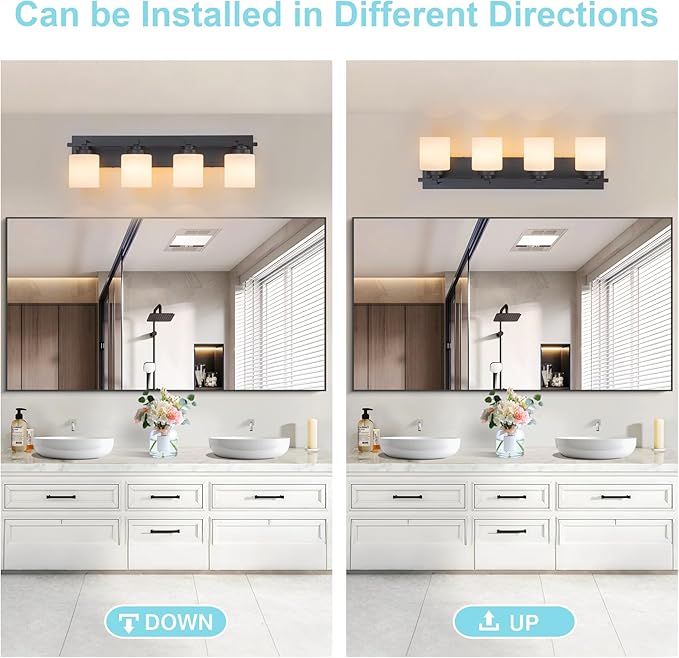4 Light Modern Bathroom Light Fixtures Over Mirror, Black Vanity Lights for Bathroom Wall Sconces with Milky White Glass Shades, E26 Socket (Bulbs Not Included)