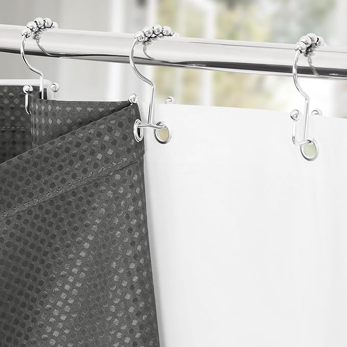 3 in 1 Long Charcoal Grey Shower Curtain Set-72 W x 78 H, Modern Waffle and PEVA Liner Set with 12 Stainless Steel Hooks, Waterproof Fabric for Bathroom
