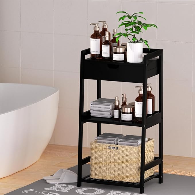 3 Tier Bamboo Bathroom Shelves with Drawer, Ladder Shelf for Bathroom Storage, Space-Saving Design, Stylish Display Nightstand, Stylish Storage Solution for Home, Living Room, Kitchen, Office