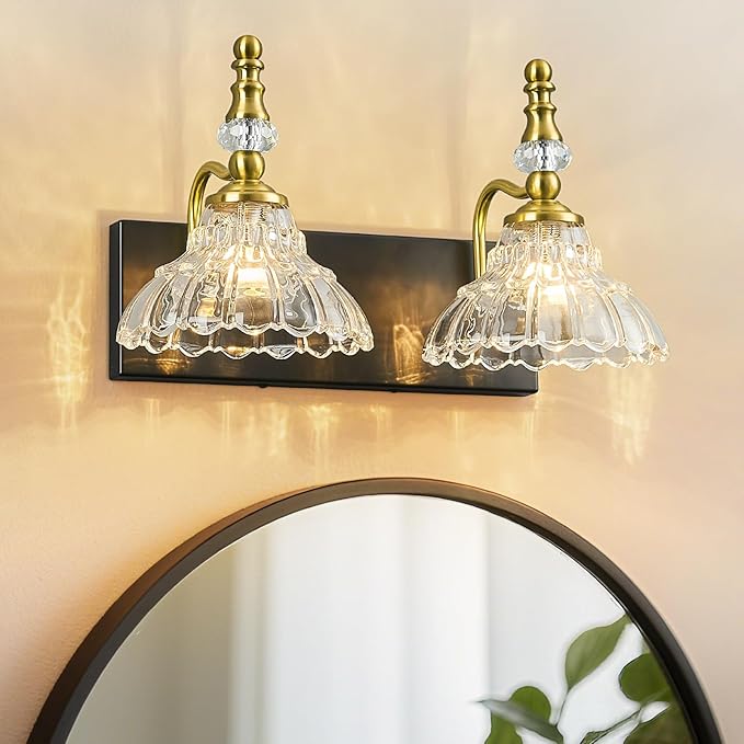 Vintage Bathroom Vanity Light, 2-Light Black Gold Vanity Lighting Fixture with Flower Glass Shade, Bathroom Lighting Fixtures Over Mirror