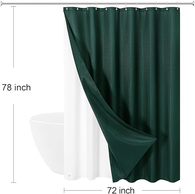 3 in 1 Long Dark Green Shower Curtain Set-72 W x 78 H, Modern Waffle and PEVA Liner Set with 12 Stainless Steel Hooks, Waterproof Fabric for Bathroom