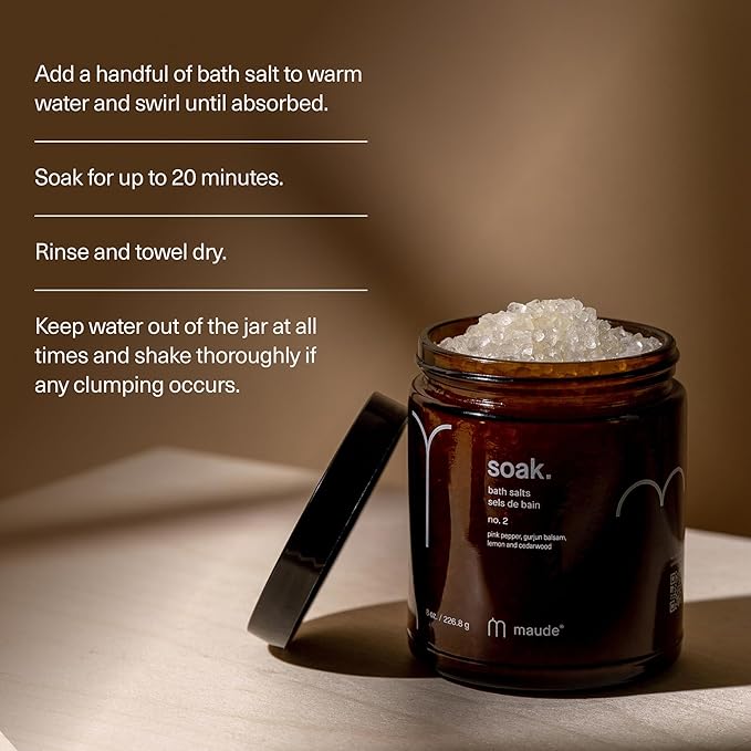 Maude Soak No. 2 - Nourishing Mineral Bath Salts - Hand-Harvested Dead Sea Salt with Magnesium & Potassium Chloride - Soften & Rejuvenate Skin - Notes of Pink Pepper & Lemon (8 oz)