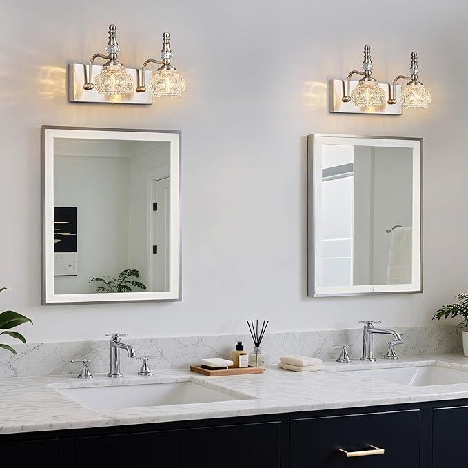 Modern Glass Crystal Vanity Light - Vintage Bathroom Lighting Fixtures Over Mirror, 2 Light Vanity Lights G9 Bulb (11.81 Inch, Nickel)