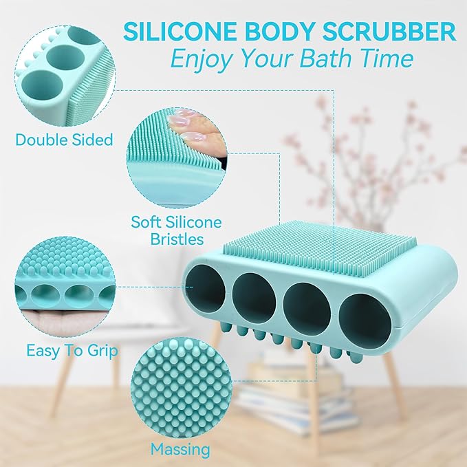 1PCS Silicone Body Scrubber Exfoliator- Bath Loofah & Sponges Alternative 4-Finger Non-Slip Grip Face & Scalp Scrubber for Sensitive Skin Body Brush for Men & Women (Blue)