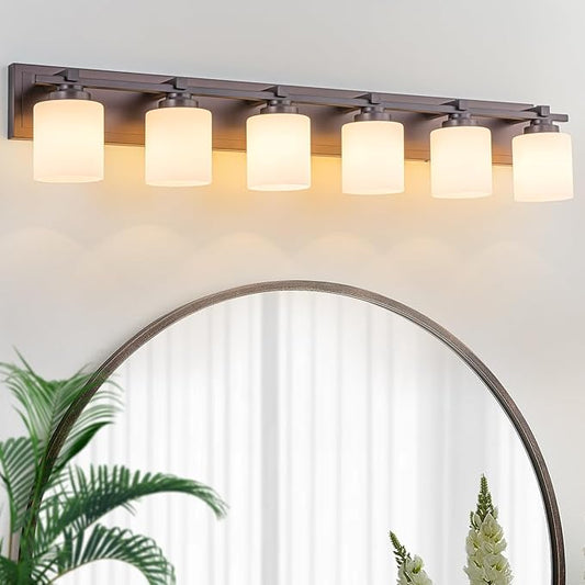 6 Light Modern Bathroom Light Fixtures Over Mirror, Bronze Finish Vanity Lights for Bathroom Wall Sconces with Milky White Glass Shades, E26 Socket (Bulbs Not Included)