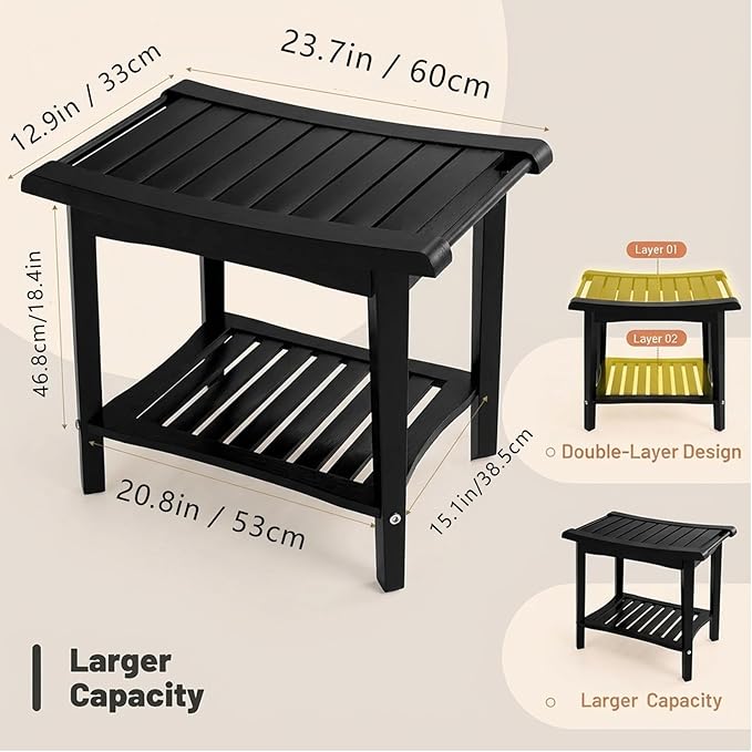 Bamboo Shower Bench with Storage Shelf, Waterproof Bath Stool for Bathroom, Spa Chair for Sitting, Shaving Legs, Elderly & Senior Safe, Heavy-Duty Bath Bench Chair, 23", 300 lbs Capacity (Black)