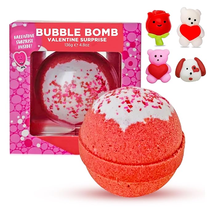 Valentines Bath Bombs for Kids with Surprise Heart Squishy Toys Inside (1 Pack) - Bubble Bath, USA Made, Kids Safe Ingredients, Fruity Scents, Valentines Day Gifts for Kids & Women by Two Sisters