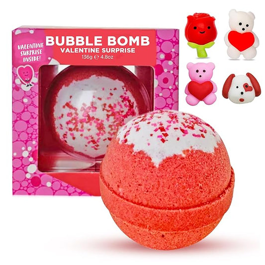 Valentines Bath Bombs for Kids with Surprise Heart Squishy Toys Inside (1 Pack) - Bubble Bath, USA Made, Kids Safe Ingredients, Fruity Scents, Valentines Day Gifts for Kids & Women by Two Sisters