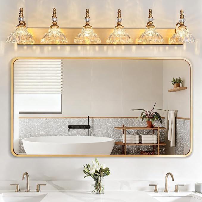 Vintage Bathroom Vanity Light, 6-Light Brass Vanity Lighting Fixture with Flower Glass Shade, Bathroom Lighting Fixtures Over Mirror