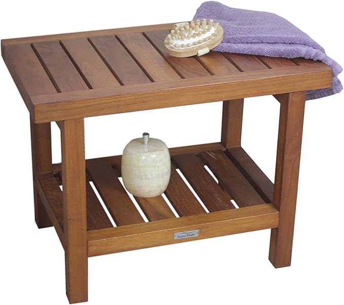 AquaTeak The Original 24" Spa Teak Shower Bench with Shelf (Bench + Teak Oil)