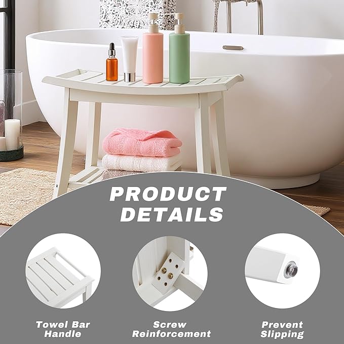 Bamboo Shower Bench Stool,24" Shower Chair Seat Non-Slip,Waterproof Bathroom Bench with Storage Shelf for Adults,Elderly, Disabled Indoor&Outdoor Use (White)