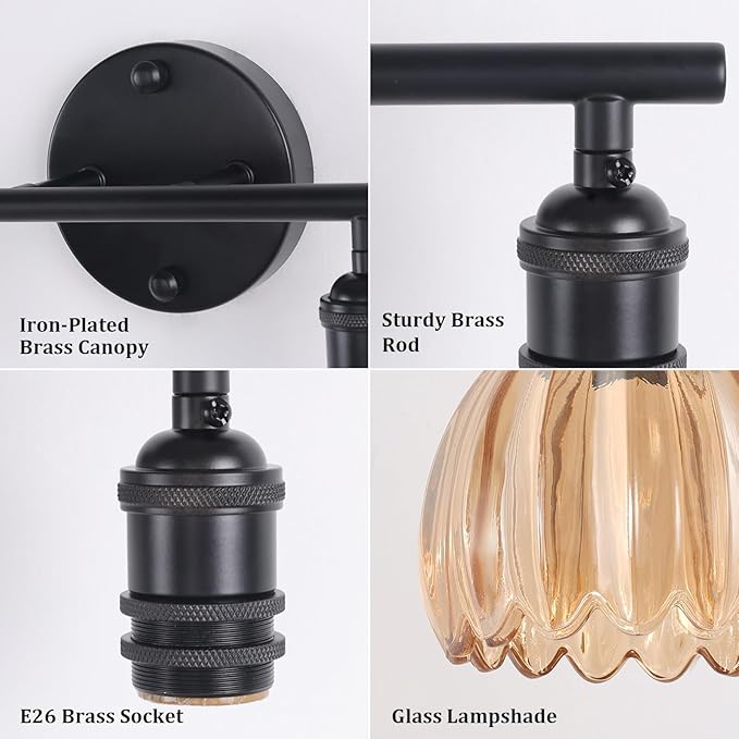 Bathroom Light Fixtures, 2-Light Black Vanity Wall Light Over Mirror with Amber Tulip Glass Shade for Bedroom Living Room (Bulb Not Included)