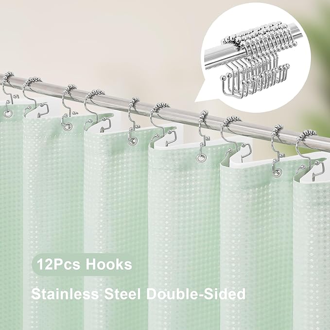 3 in 1 Extra Long Mint Green Shower Curtain Set-72 W x 84 H, Modern Waffle and PEVA Liner Set with 12 Stainless Steel Hooks, Waterproof Fabric for Bathroom