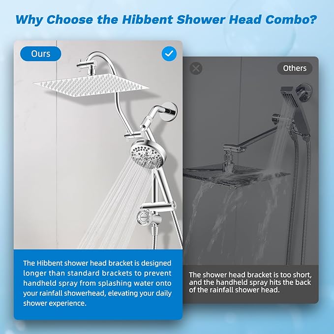 Hibbent Upgraded All Metal 12" Rainfall Showerhead Combo, High Pressure Shower Head with 10-Spray Mode Handheld, 4-way Diverter with Pause Mode, 71'' Shower Hose and Handheld Holder, Chrome