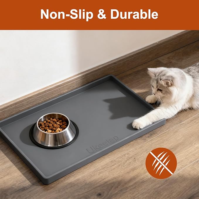 19” x 12” Heavy Duty Waterproof Silicone Mat with Raised Edge, BPA Free Non-Slip Dog & Cat Food Mat, Feeding Mat for Food and Water Bowls, Spill Proof Mat to Protect Floors, Black