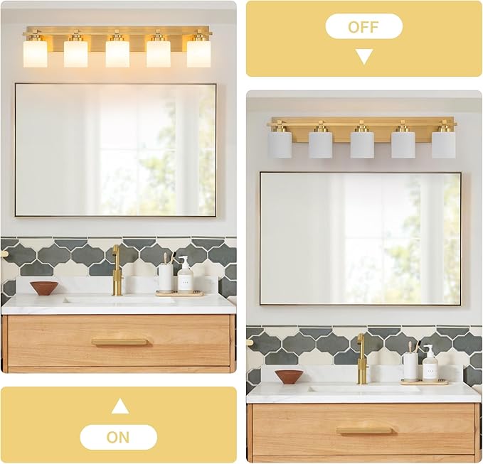 5 Light Modern Bathroom Light Fixtures Over Mirror, Brass Finish Vanity Lights for Bathroom Wall Sconces with Milky White Glass Shades, E26 Socket (Bulbs Not Included)
