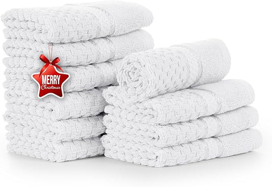 Ample Decor Christmas White Wash Cloth Set of 10 100% Cotton - Popcorn Textured - Mulaayam Collection - 12 X 12 Inch