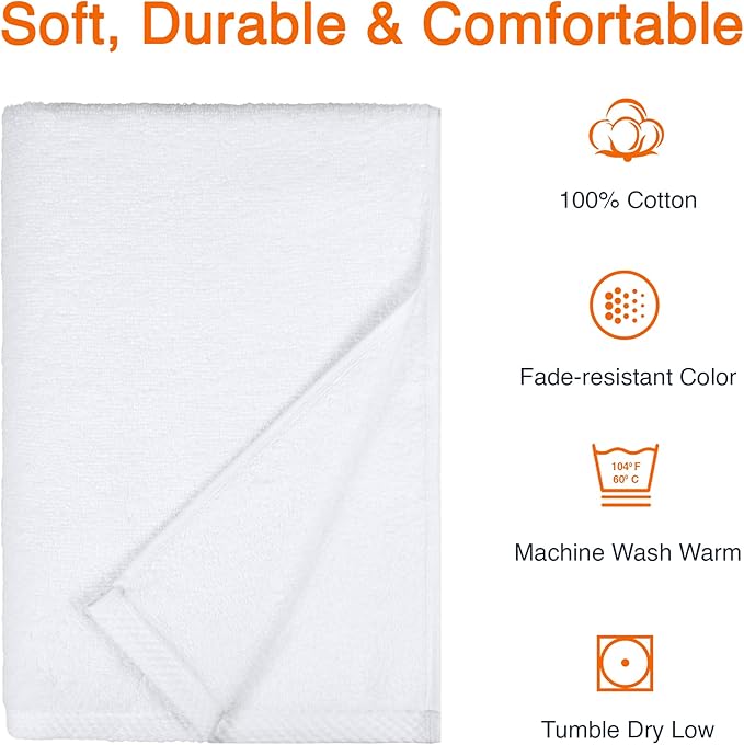Amazon Basics 2 Piece Quick-Dry Oversize Bath Towel, 100% Cotton, White, 54" x 30" (Pack of 12)