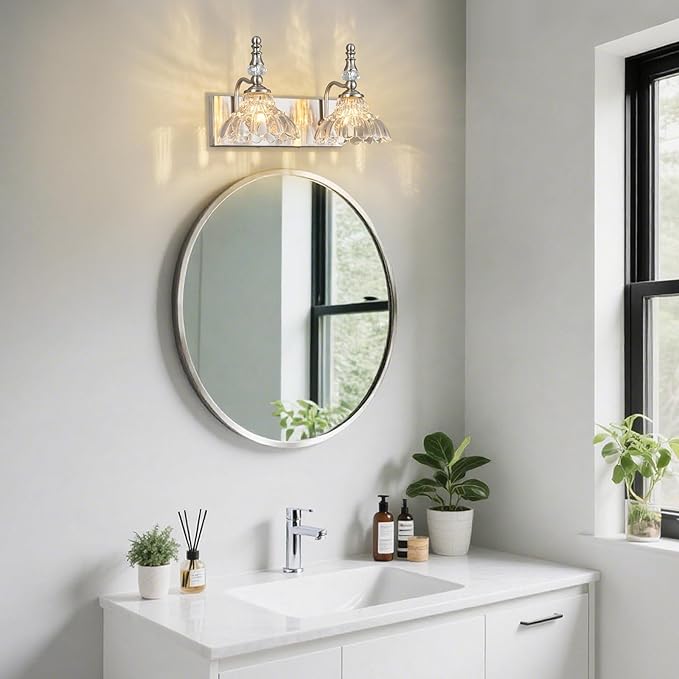 Vintage Bathroom Vanity Light, 2-Light Brushed Nickel Vanity Lighting Fixture with Flower Glass Shade, Bathroom Lighting Fixtures Over Mirror