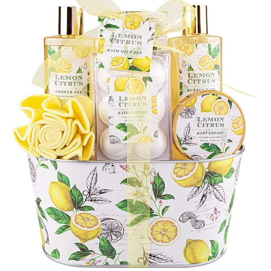 Bath Gift Set, Lemon Citrus Spa Gift Basket for Women, Includes Shower Gel, Bubble Bath, Body Lotion, Bath Frizzes 8 Pcs, Great Gift Idea for Her Birthday