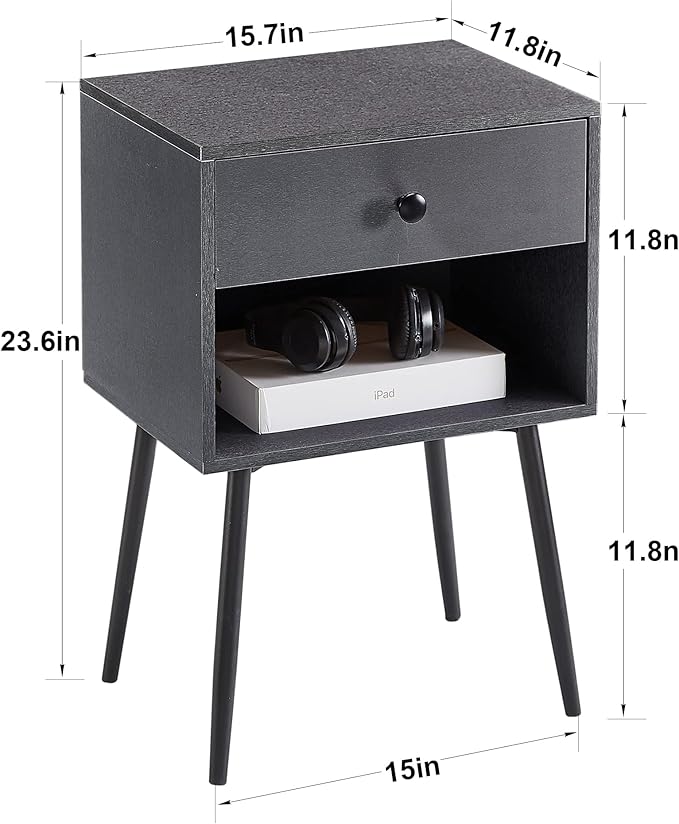 VECELO Nightstands Set of 2, Mid Century Modern End Bedside Table, Night Stand with Storage Drawer and 2 Tiers Open Shelf for Small Place, Bedroom, Living Room, Easy Assembly, Grey